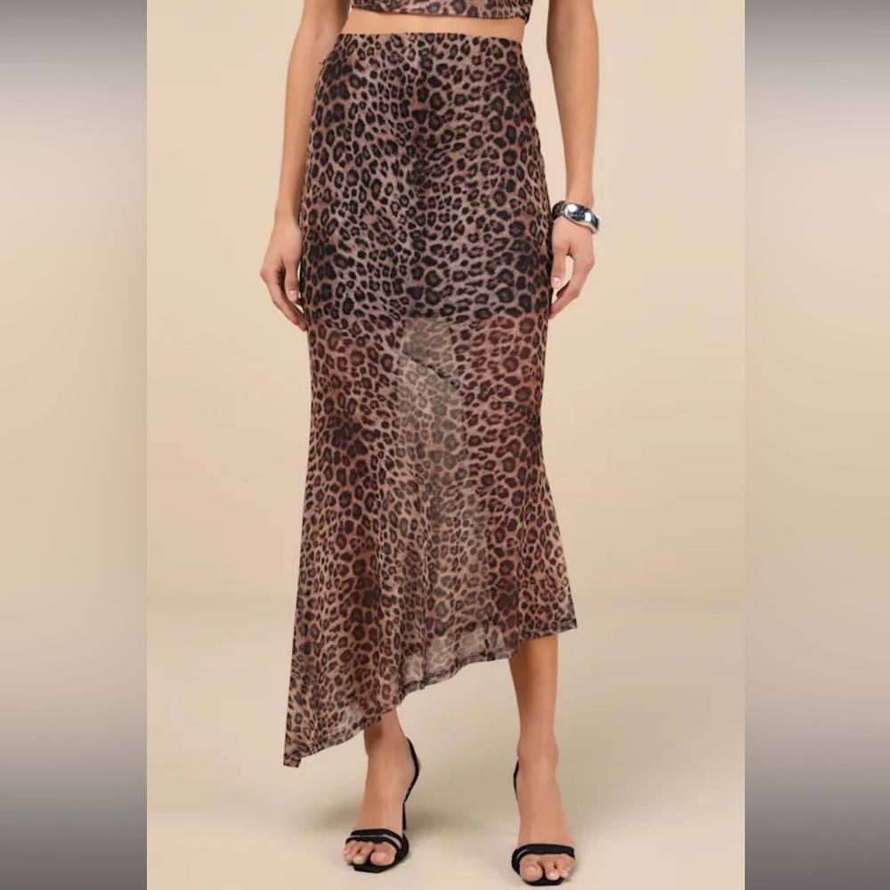 Asymmetrical Mesh Leopard Midi Skirt